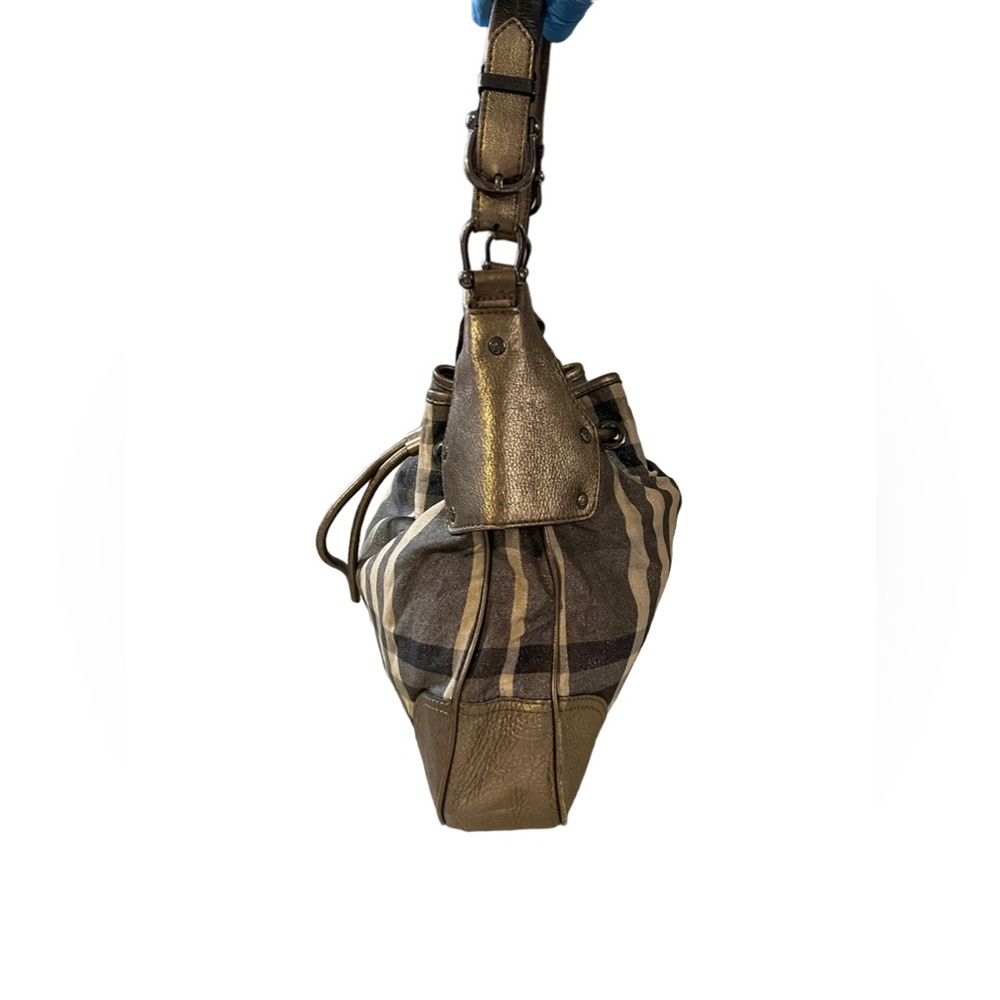 BURBERRY Metallic/Grey Beat Check Canvas and Leather Drawstring Hobo - Picture 3 of 11